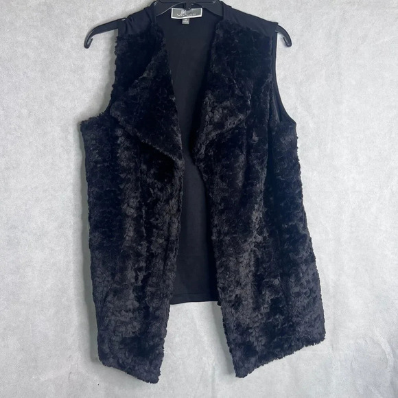 JM Collection Woman Black Sleeveless Open Front Faux Fur Front Vest Size 0X/12 - Picture 7 of 7